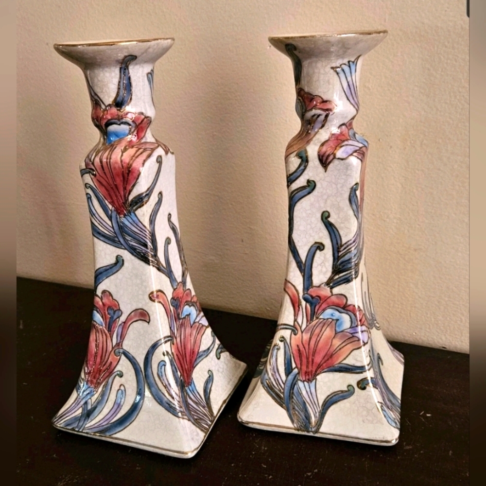 Gilded Ceramic Toyo HFP Macau Hand Painted Candlestick Holders 9" Set of 2 VTG